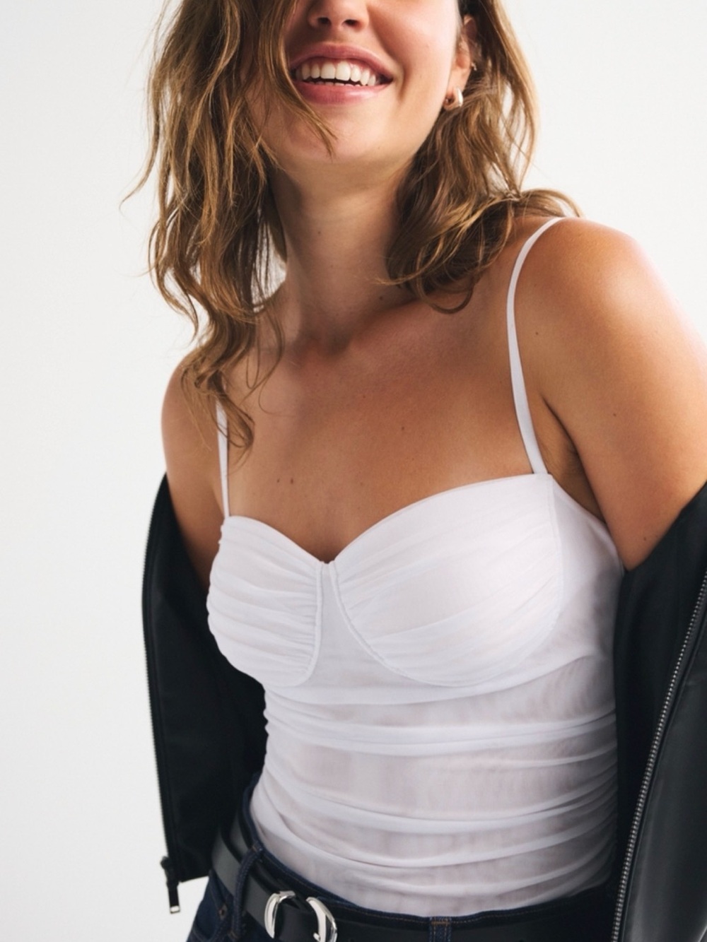 NWT Abercrombie & Fitch White Ruched Bustier Bodysuit with Adjustable Straps - Picture 3 of 9